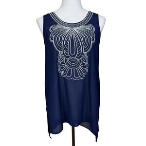 Ya Los Angeles L Navy Blue Silk Blend‎ Embroidered Tunic Top Sleeveless Feminine